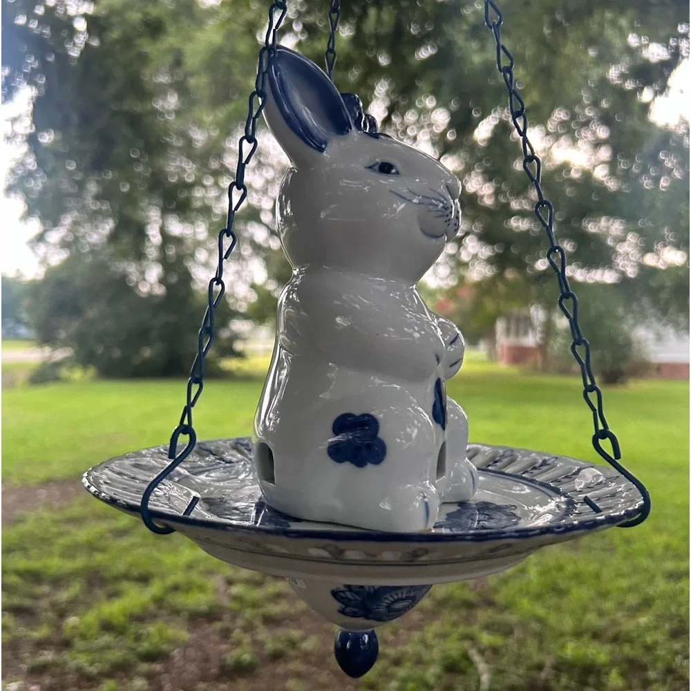 Rare and Unique Blue & White Porcelain Bunny Rabbit Bird Feeder